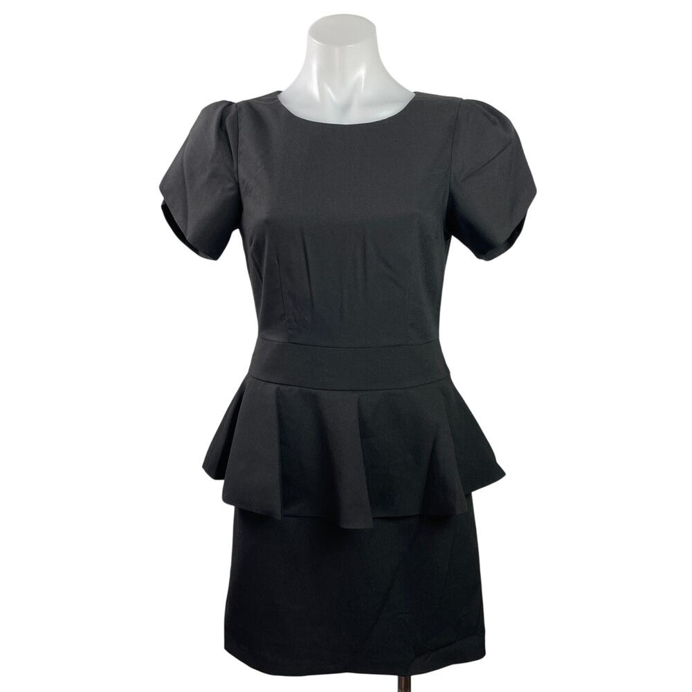 Vertigo Womens Black Short Puff Sleeve Peplum Zipper Mini Shift Dress Size XS